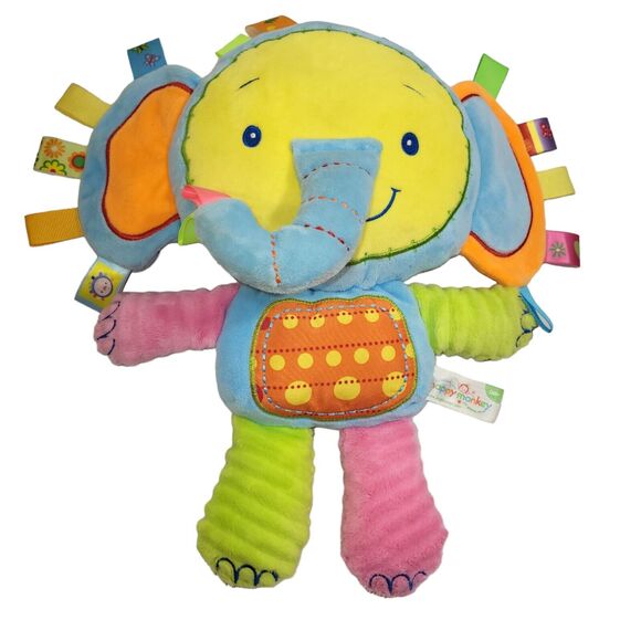 Happy Monkey Lovey Elephant Tags Baby Flat Plush Rattle Chime Soft Toy 13" - Picture 1 of 11